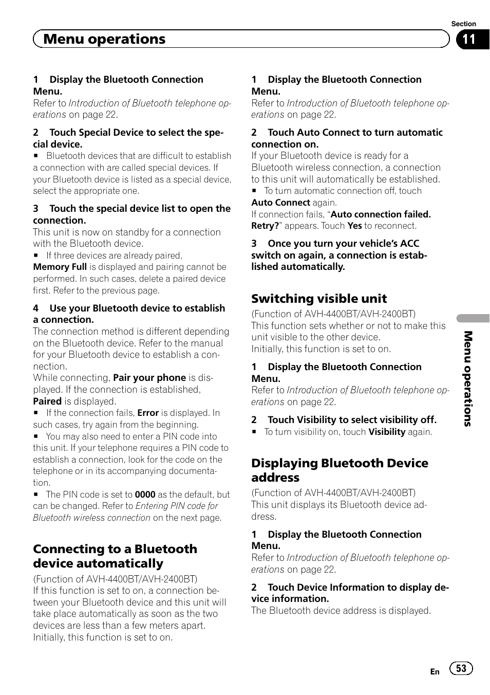 Menu operations, Connecting to a bluetooth device automatically, Switching visible unit | Displaying bluetooth device address | Pioneer AVH-3400DVD User Manual | Page 53 / 76