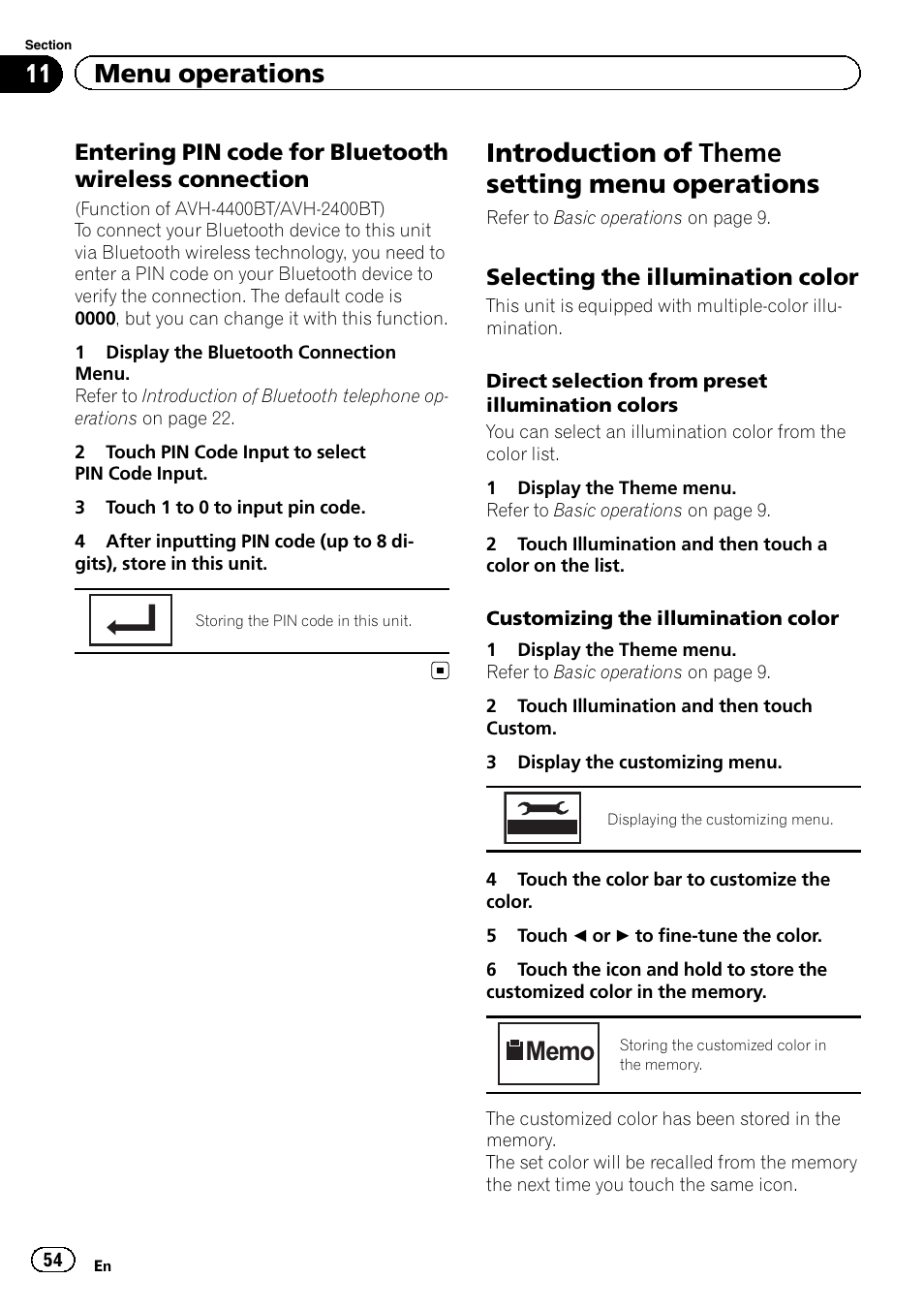 Introduction of theme setting menu, Operations, Introduction of theme setting menu operations | 11 menu operations, Selecting the illumination color | Pioneer AVH-3400DVD User Manual | Page 54 / 76