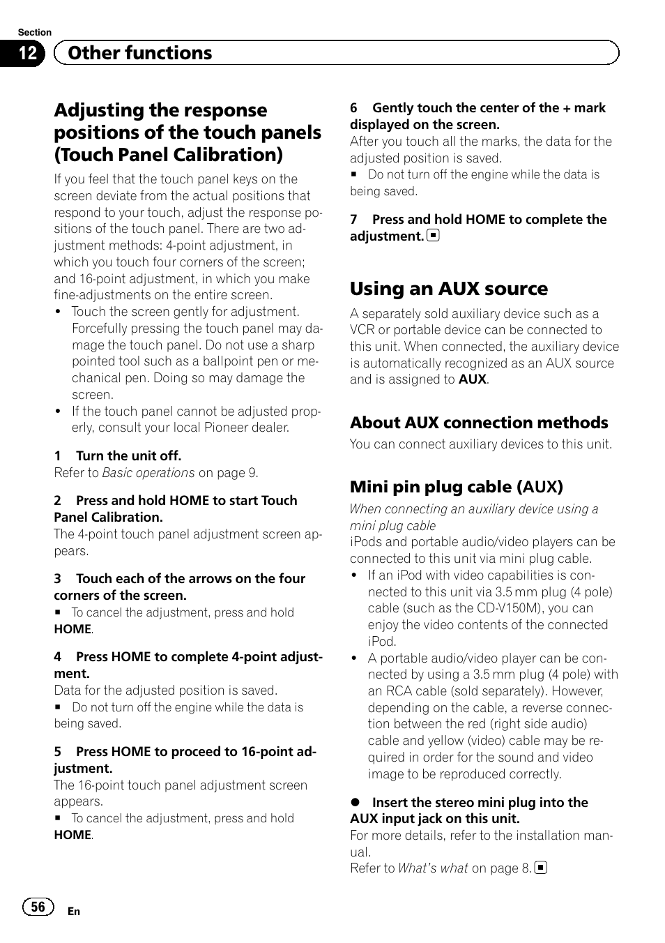 Touch panels (touch panel calibration), Using an aux source, 12 other functions | Pioneer AVH-3400DVD User Manual | Page 56 / 76