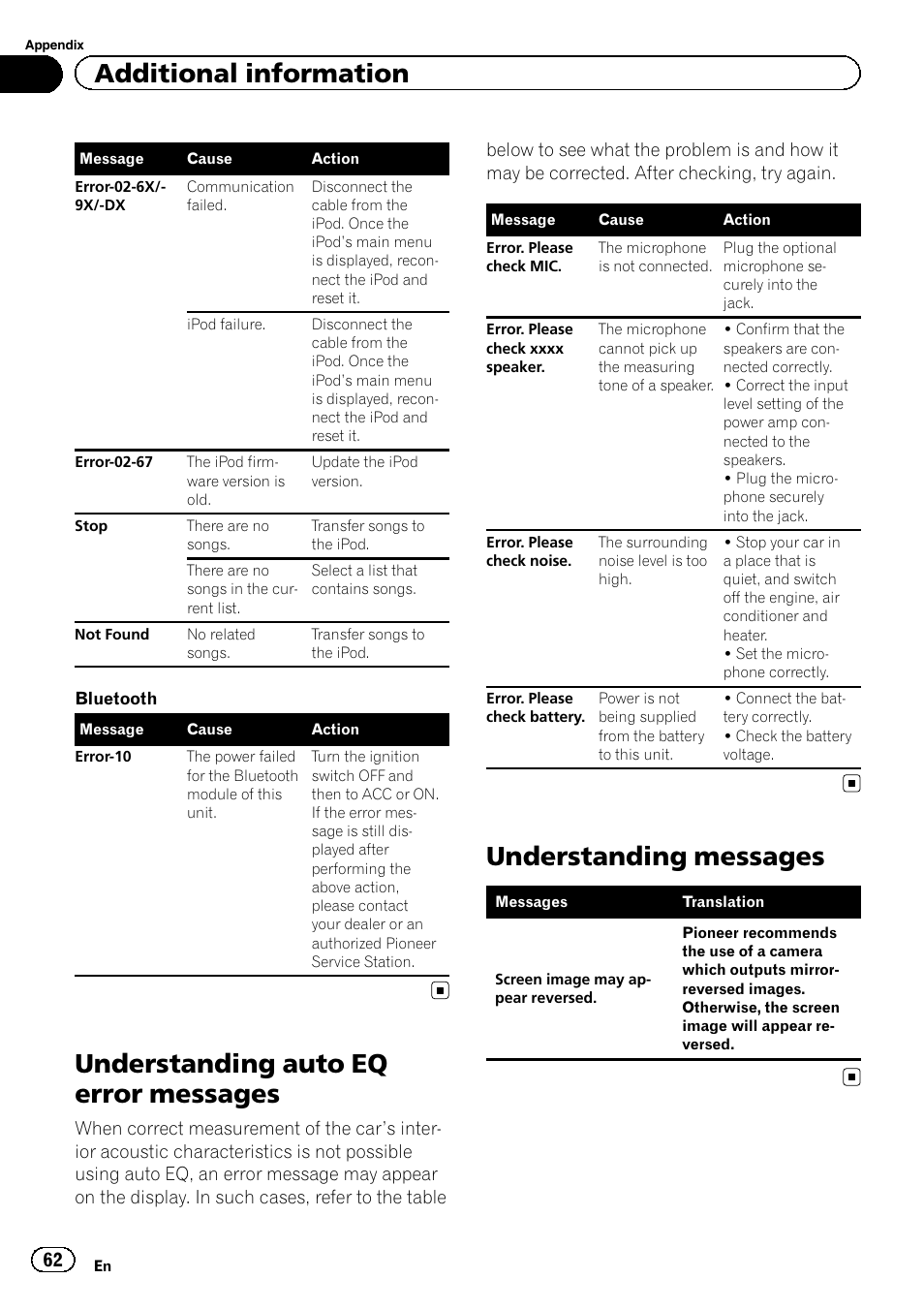 Understanding auto eq error messages, Understanding messages, Additional information | Pioneer AVH-3400DVD User Manual | Page 62 / 76