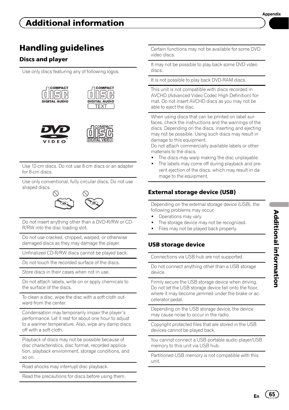 Handling guidelines 65, Handling guidelines, Additional information | Pioneer AVH-3400DVD User Manual | Page 65 / 76