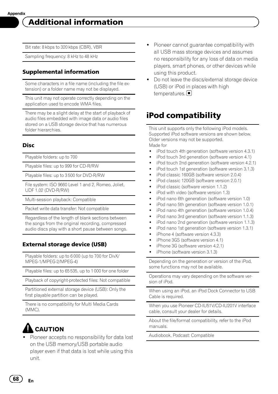 Ipod compatibility, Additional information, Caution | Pioneer AVH-3400DVD User Manual | Page 68 / 76