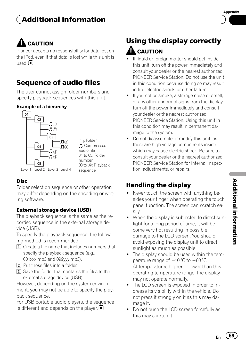 Sequence of audio files, Using the display correctly, Additional information | Handling the display | Pioneer AVH-3400DVD User Manual | Page 69 / 76