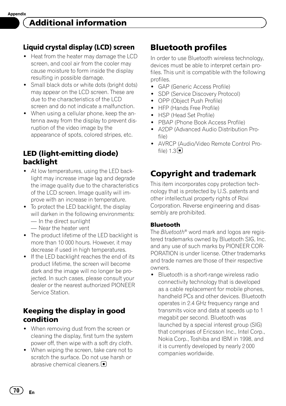 Bluetooth profiles, Copyright and trademark, Additional information | Liquid crystal display (lcd) screen, Led (light-emitting diode) backlight, Keeping the display in good condition | Pioneer AVH-3400DVD User Manual | Page 70 / 76