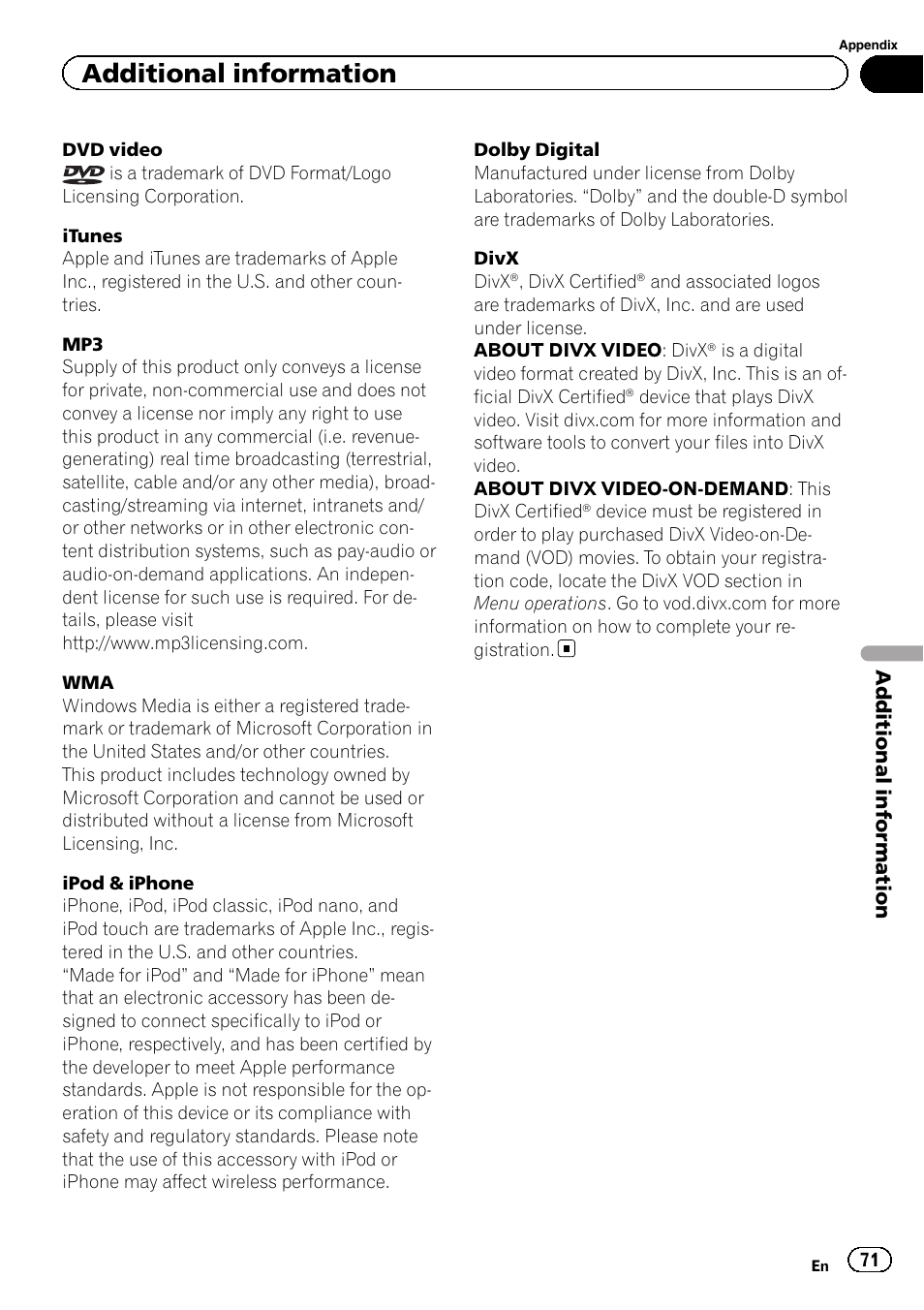 Additional information | Pioneer AVH-3400DVD User Manual | Page 71 / 76