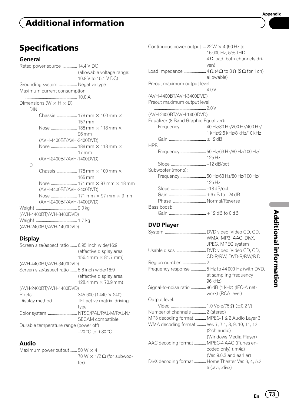 Specifications, Additional information | Pioneer AVH-3400DVD User Manual | Page 73 / 76