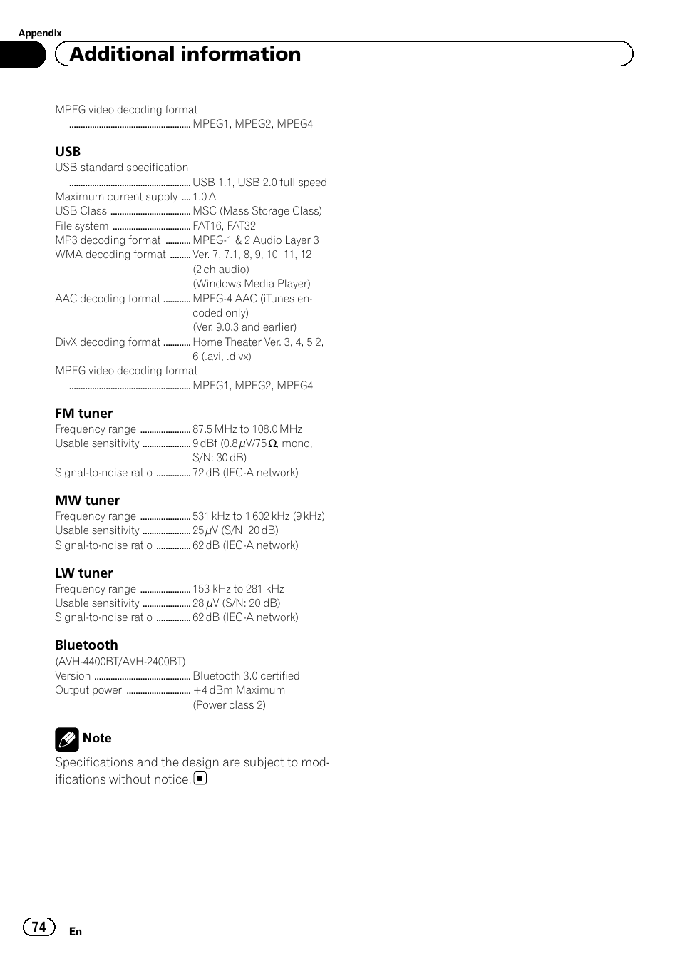 Additional information | Pioneer AVH-3400DVD User Manual | Page 74 / 76