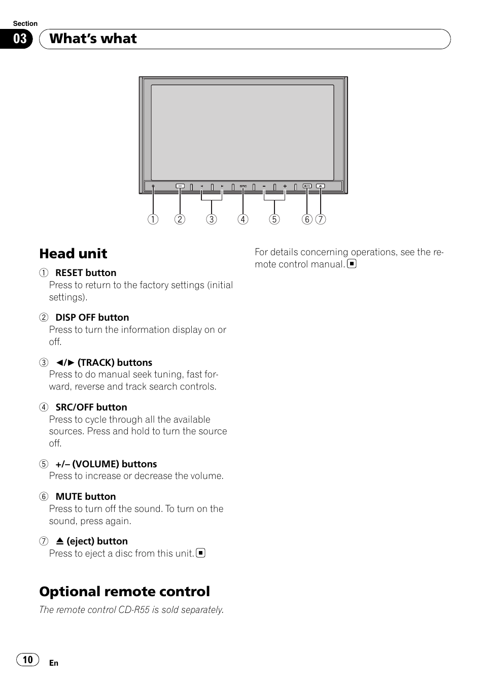 What, S what, Head unit | Optional remote control, What ’s what | Pioneer AVH-P4100DVD User Manual | Page 10 / 108