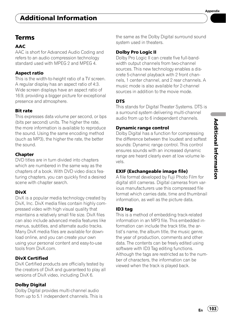 Terms, Additional information | Pioneer AVH-P4100DVD User Manual | Page 103 / 108