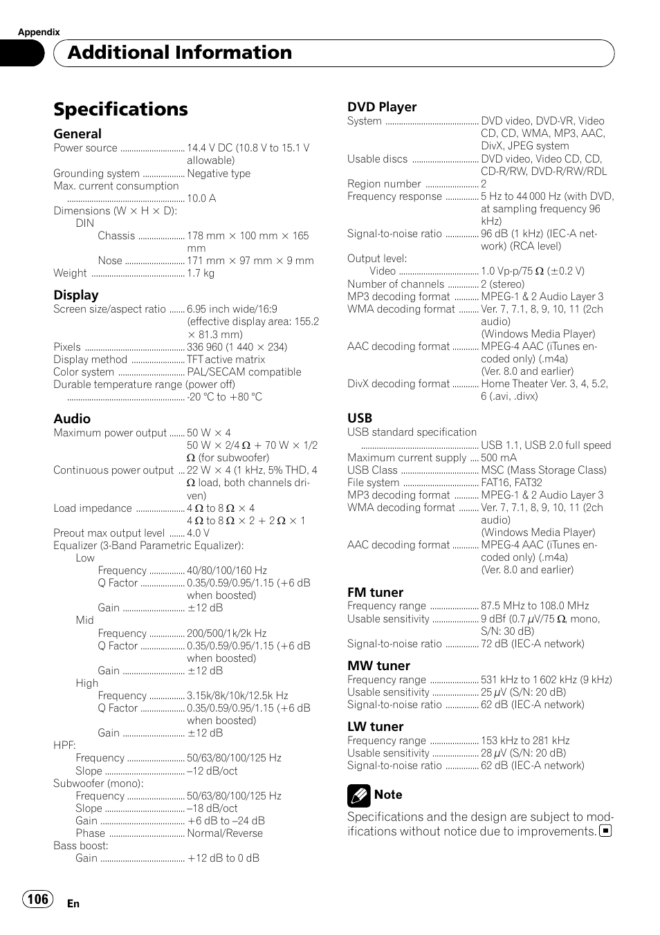 Specifications, Additional information | Pioneer AVH-P4100DVD User Manual | Page 106 / 108