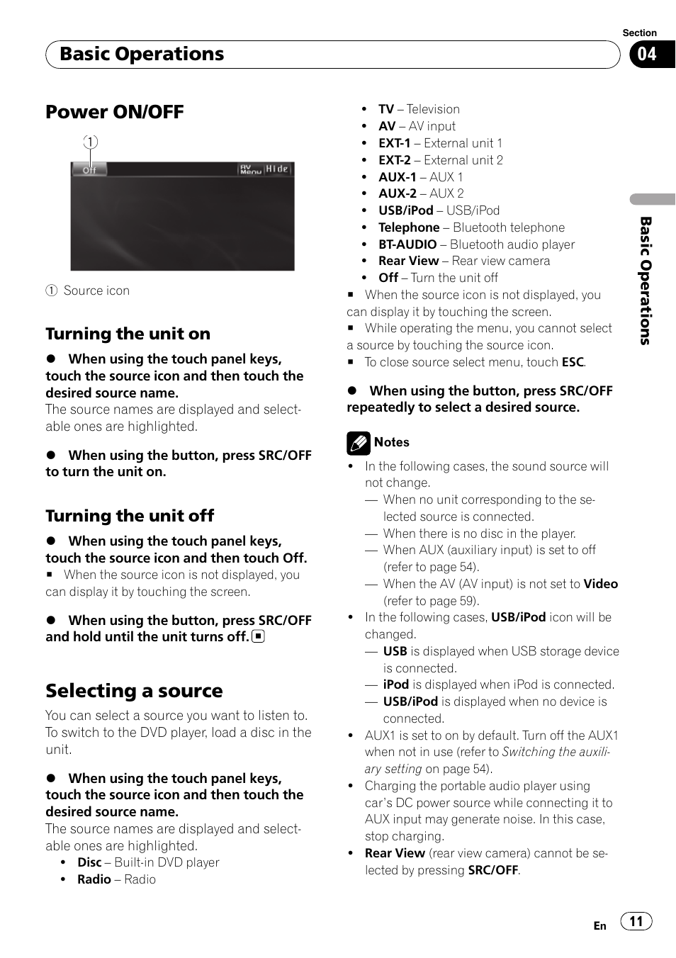 Basic operations power on/off, Selecting a source, Power on/off | Basic operations, Turning the unit on, Turning the unit off | Pioneer AVH-P4100DVD User Manual | Page 11 / 108