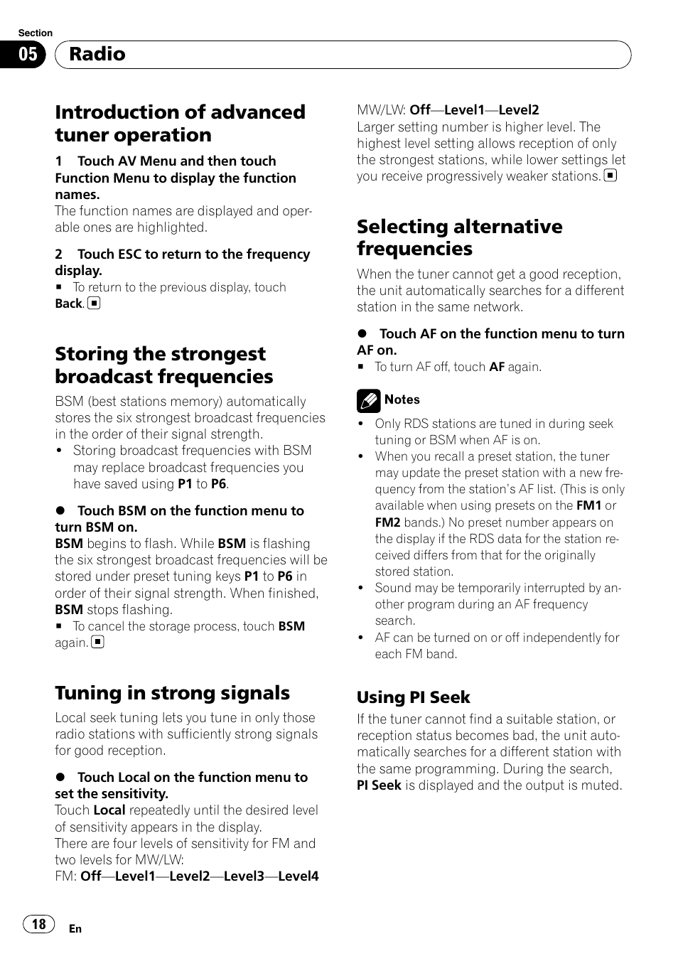 Introduction of advanced tuner, Operation, Storing the strongest broadcast | Frequencies, Tuning in strong signals, Selecting alternative frequencies, Introduction of advanced tuner operation, Storing the strongest broadcast frequencies, Radio, Using pi seek | Pioneer AVH-P4100DVD User Manual | Page 18 / 108