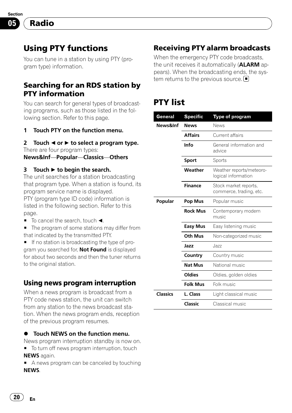 Using pty functions, Pty list, Radio | Searching for an rds station by pty information, Using news program interruption, Receiving pty alarm broadcasts | Pioneer AVH-P4100DVD User Manual | Page 20 / 108