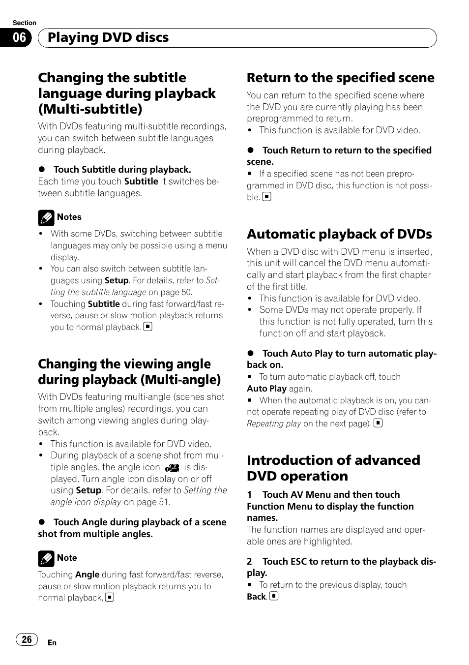 Changing the subtitle language during, Playback (multi-subtitle), Changing the viewing angle during playback | Multi-angle), Return to the specified scene, Automatic playback of dvds, Introduction of advanced dvd operation, Playing dvd discs | Pioneer AVH-P4100DVD User Manual | Page 26 / 108