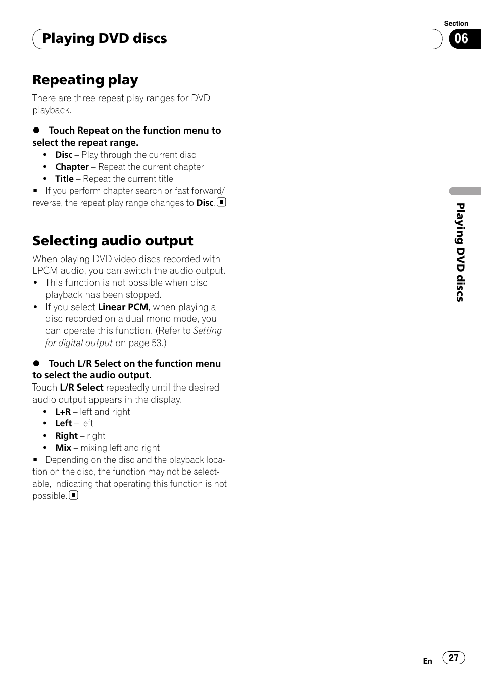 Repeating play, Selecting audio output, Playing dvd discs | Pioneer AVH-P4100DVD User Manual | Page 27 / 108
