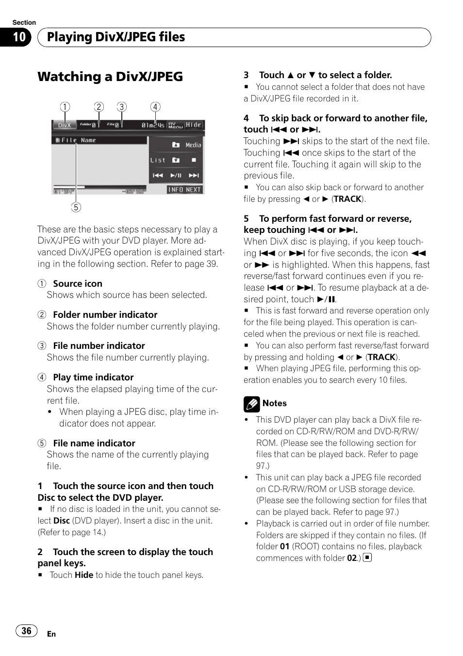 Playing divx/jpeg files watching a divx/jpeg, Watching a divx/jpeg, Playing divx/jpeg files | Pioneer AVH-P4100DVD User Manual | Page 36 / 108