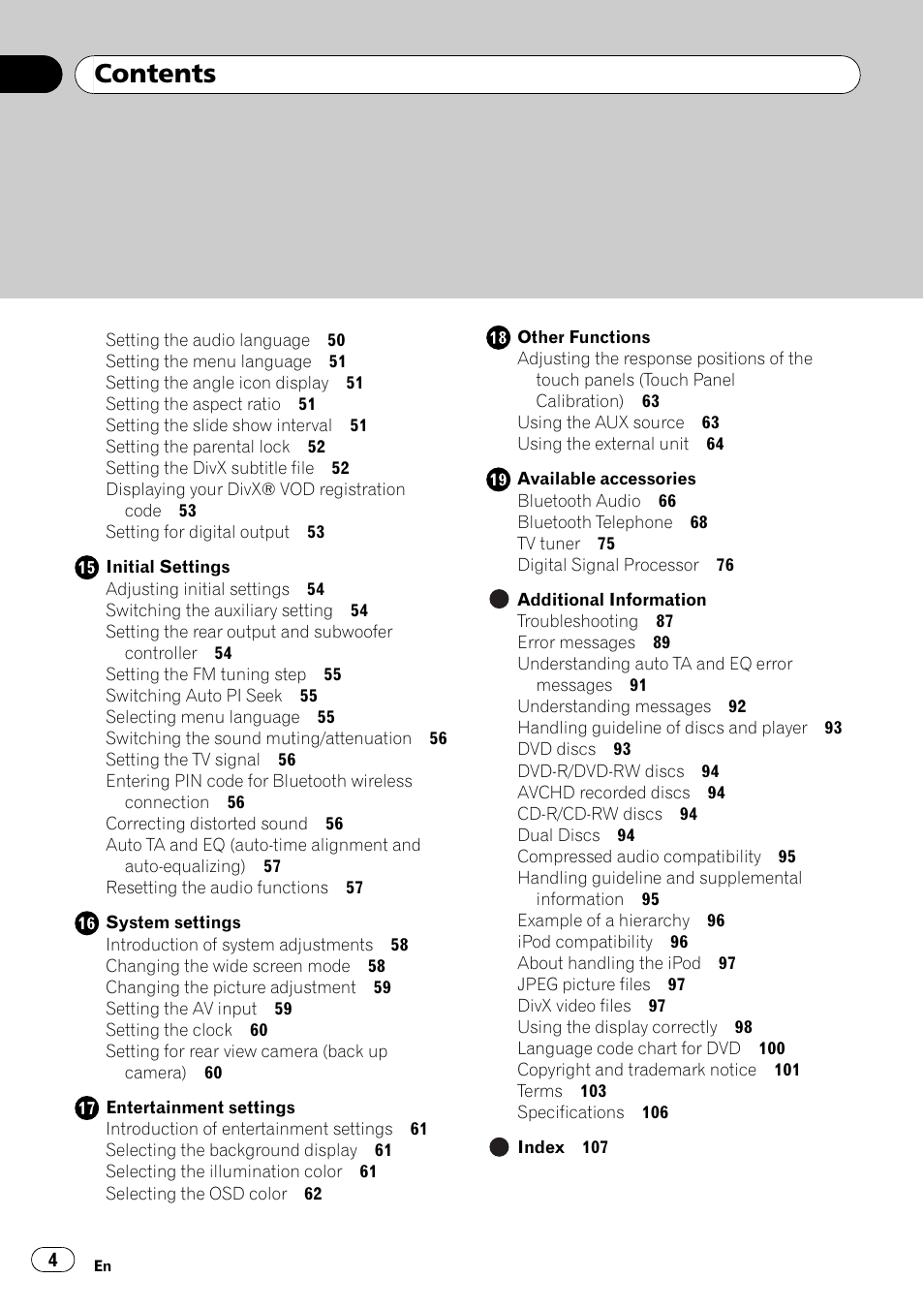 Pioneer AVH-P4100DVD User Manual | Page 4 / 108