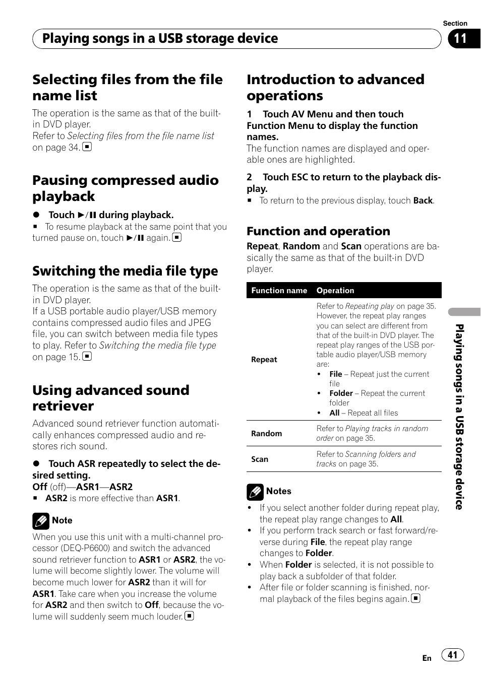 Selecting files from the file name list, Pausing compressed audio playback, Switching the media file type | Using advanced sound retriever, Introduction to advanced operations, Playing songs in a usb storage device, Function and operation | Pioneer AVH-P4100DVD User Manual | Page 41 / 108