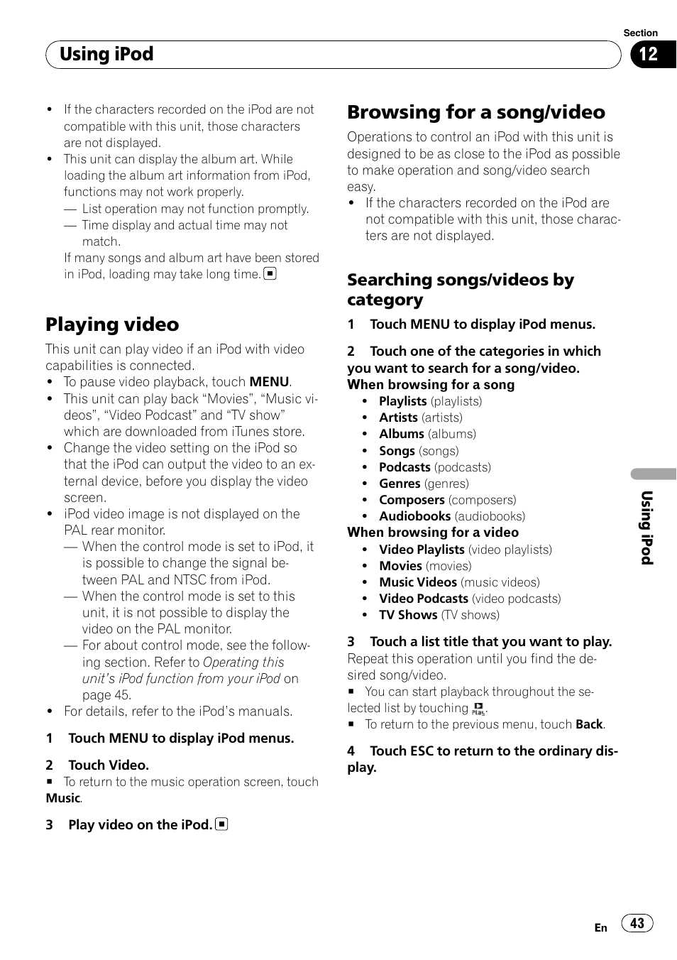 Playing video, Browsing for a song/video, Using ipod | Searching songs/videos by category | Pioneer AVH-P4100DVD User Manual | Page 43 / 108