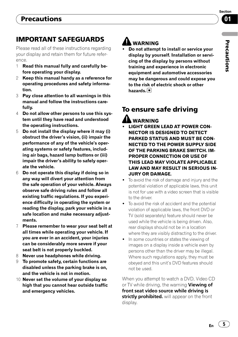 Precautions important safeguards, To ensure safe driving, Important safeguards | Precautions | Pioneer AVH-P4100DVD User Manual | Page 5 / 108