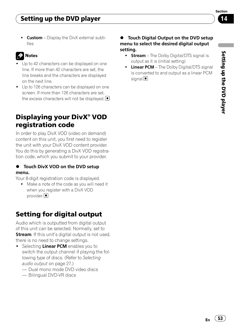 Displaying your divx® vod registration, Code, Setting for digital output | Displaying your divx, Vod registration code, Setting up the dvd player | Pioneer AVH-P4100DVD User Manual | Page 53 / 108