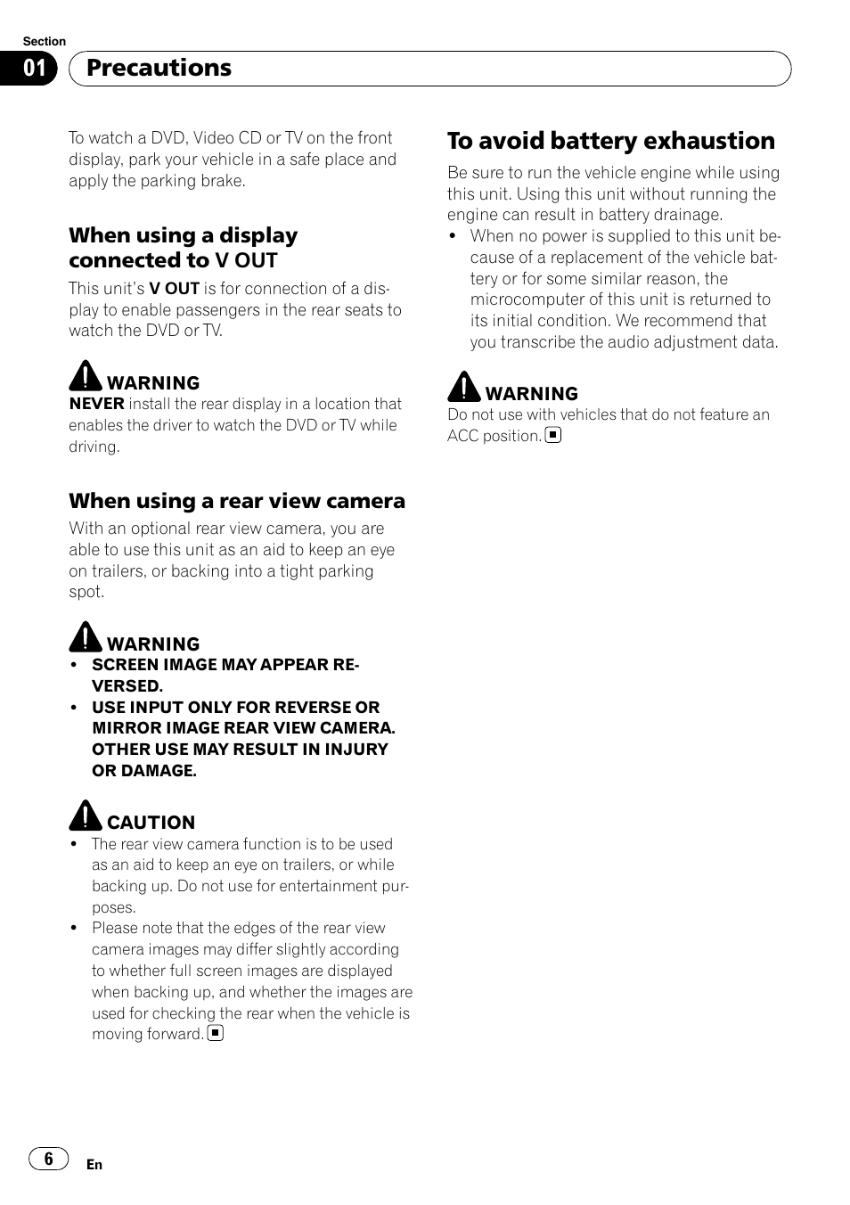 To avoid battery exhaustion, Precautions | Pioneer AVH-P4100DVD User Manual | Page 6 / 108