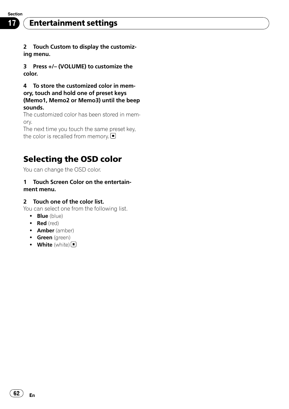 Selecting the osd color, Entertainment settings | Pioneer AVH-P4100DVD User Manual | Page 62 / 108
