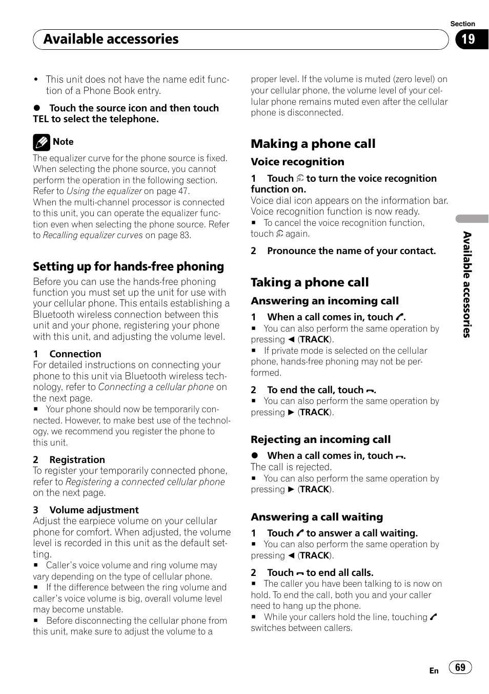 Available accessories, Setting up for hands-free phoning, Making a phone call | Taking a phone call | Pioneer AVH-P4100DVD User Manual | Page 69 / 108