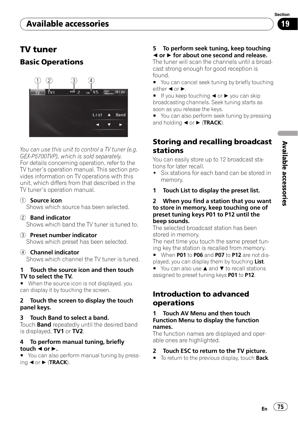 Tv tuner, Available accessories | Pioneer AVH-P4100DVD User Manual | Page 75 / 108