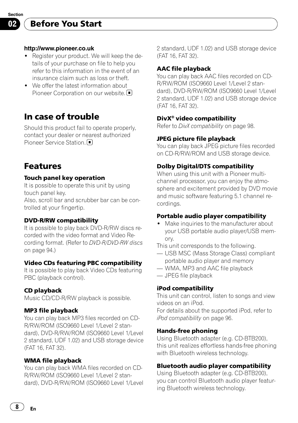 In case of trouble, Features, Before you start | Pioneer AVH-P4100DVD User Manual | Page 8 / 108