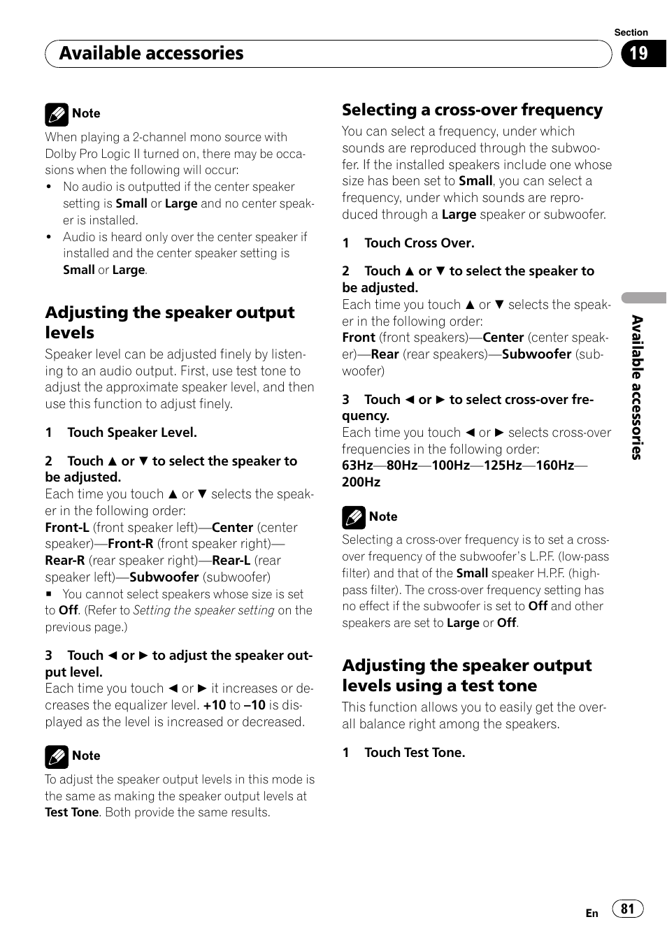 Selecting a cross-over frequency, Adjusting the speaker output levels, Available accessories | Pioneer AVH-P4100DVD User Manual | Page 81 / 108