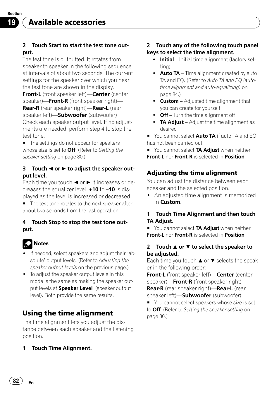 Adjusting the time alignment, Available accessories, Using the time alignment | Pioneer AVH-P4100DVD User Manual | Page 82 / 108