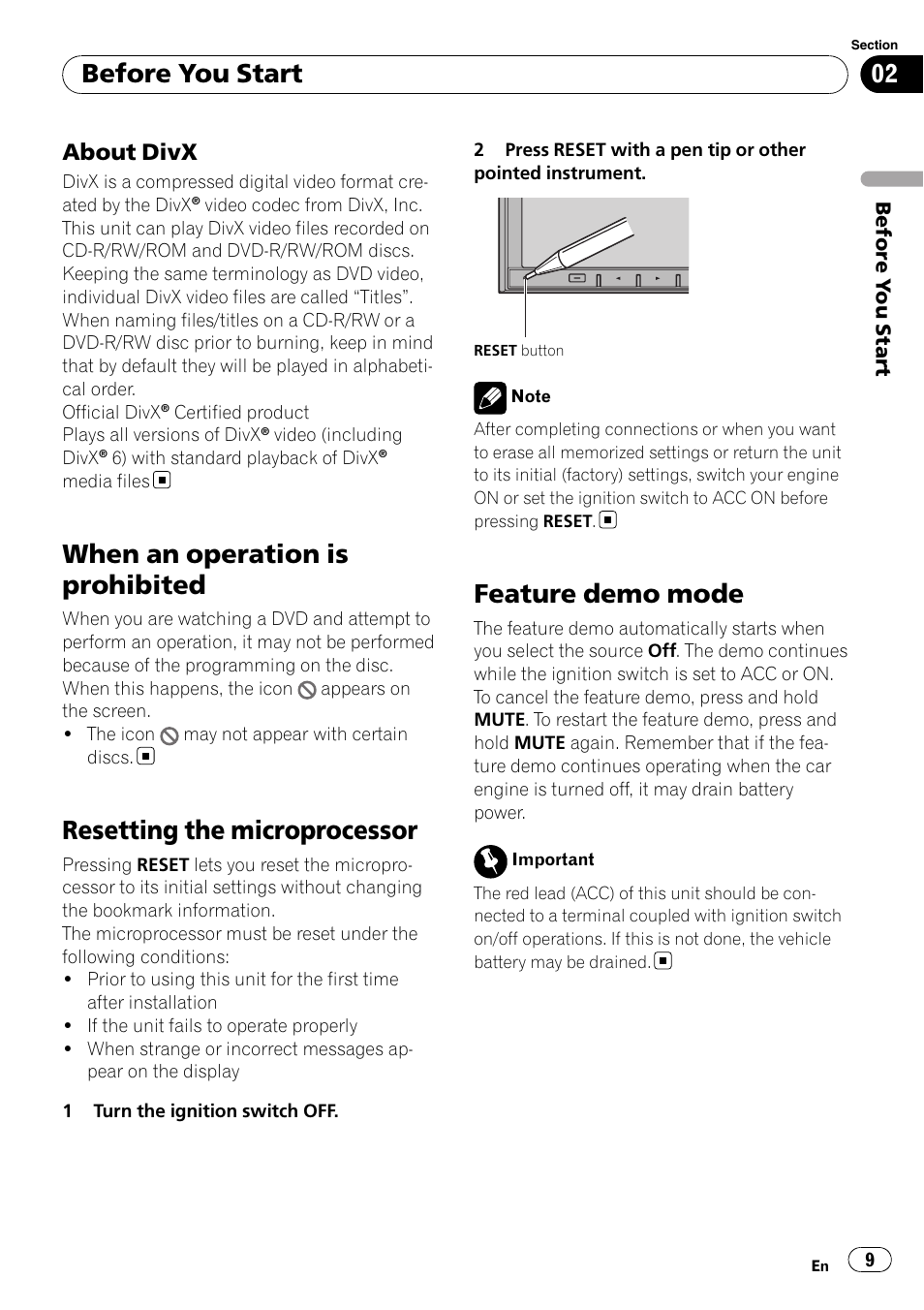 When an operation is prohibited 9, When an operation is prohibited, Resetting the microprocessor | Feature demo mode, Before you start, About divx | Pioneer AVH-P4100DVD User Manual | Page 9 / 108