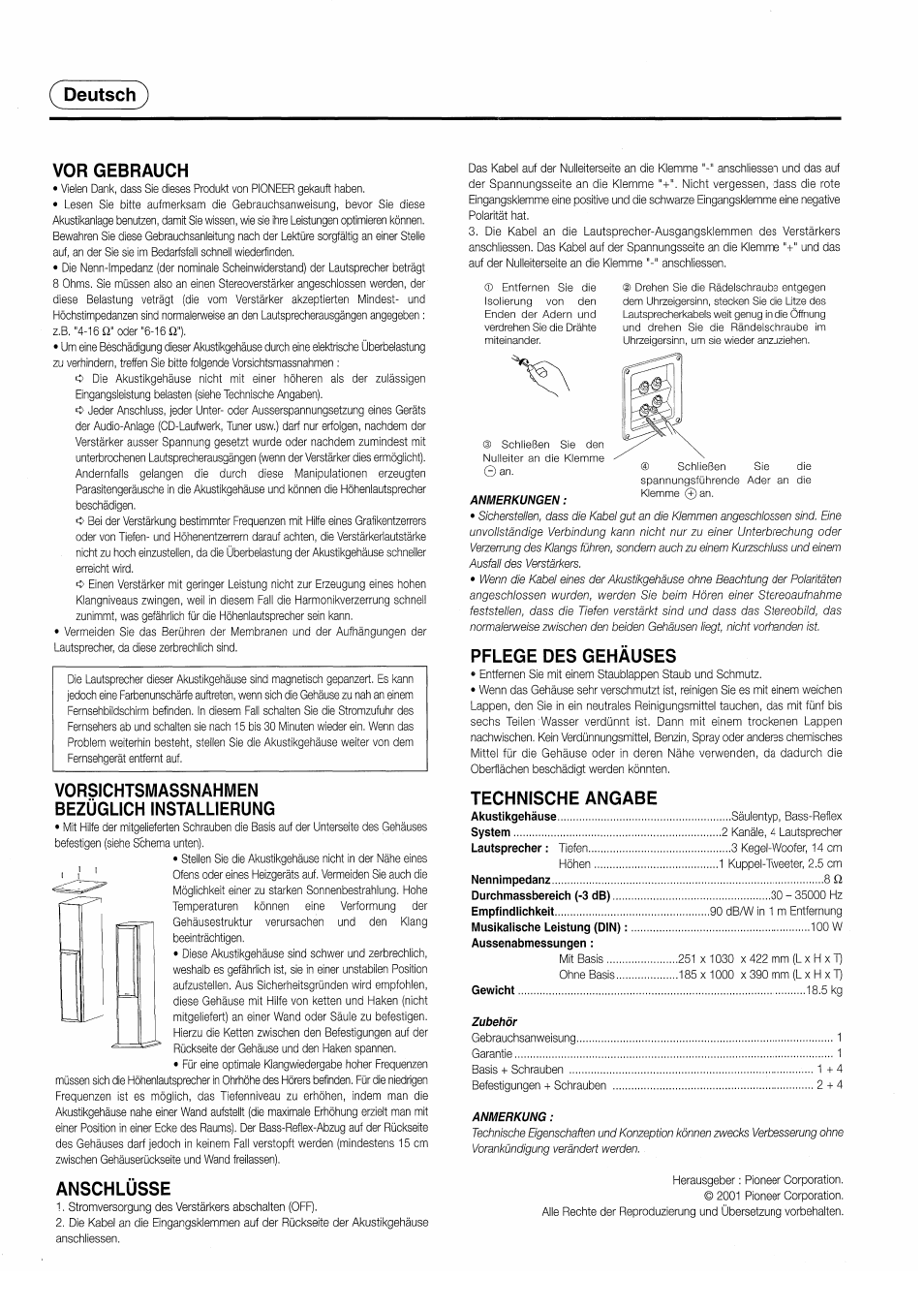Deutsch, Vor gebrauch, Vorsichtsmassnahmen bezüglich installierung | Anschlüsse, Pflege des gehäuses, Technische angabe | Pioneer S-H510V User Manual | Page 2 / 8