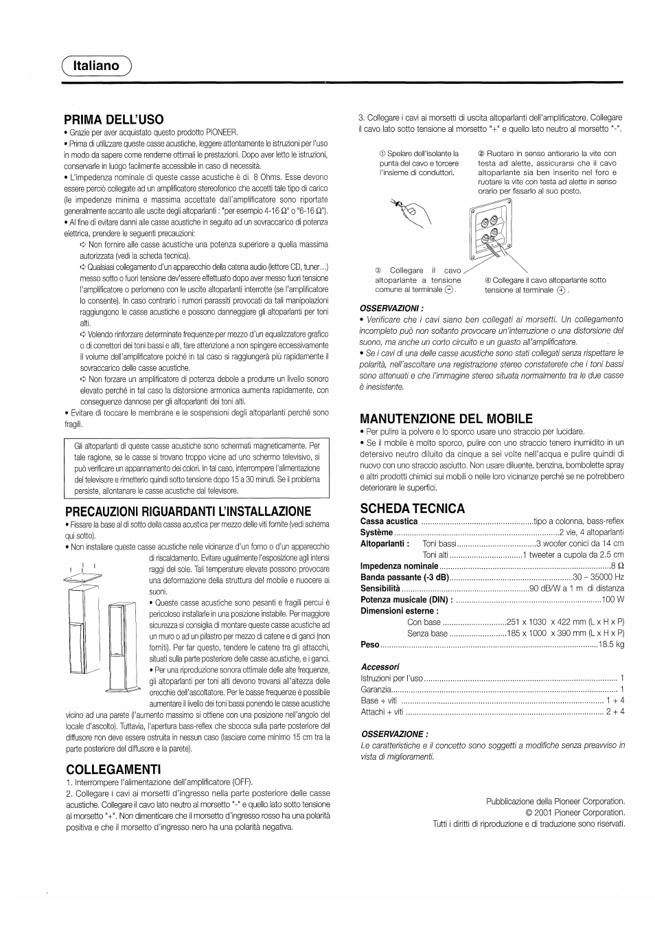 Г italiano prima dell’uso, Precauzioni riguardanti l’installazione, Collegamenti | Manutenzione del mobile, Scheda tecnica | Pioneer S-H510V User Manual | Page 3 / 8