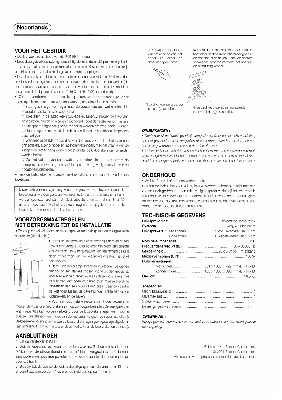 Nederlands) voor нет gebruik, Aansluitingen, Onderhoud | Technische gegevens | Pioneer S-H510V User Manual | Page 4 / 8