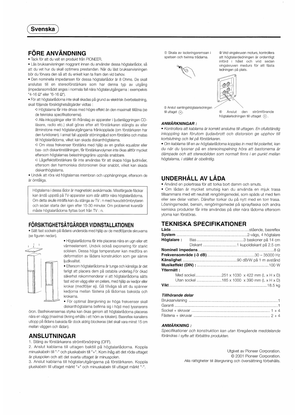 Svenska, Fore anvandning, Forsiktighetsatgardervidinstallationen | Anslutningar, Underhall av lada, Tekniska specifikationer | Pioneer S-H510V User Manual | Page 5 / 8