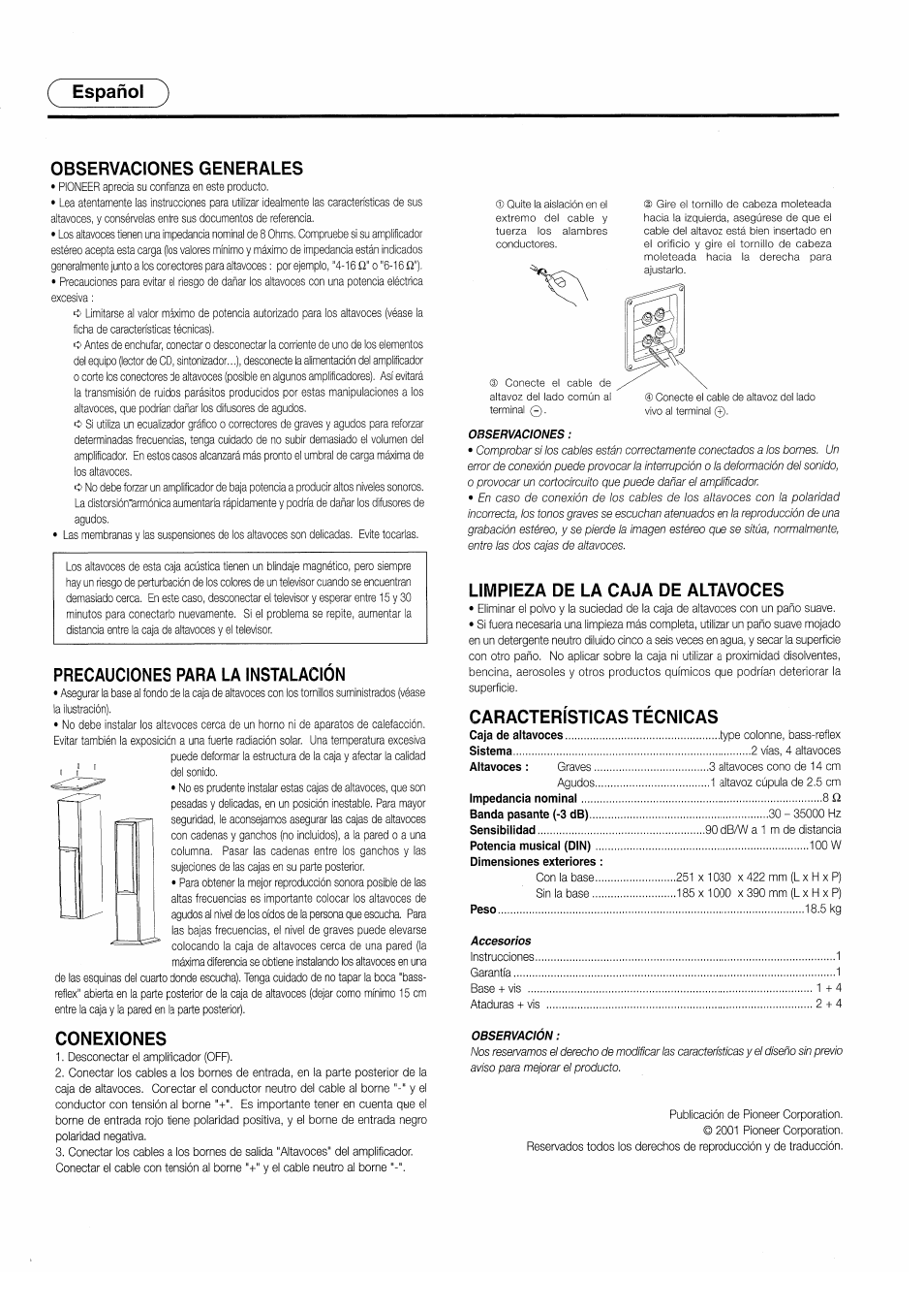 Español ^ observaciones generales, Precauciones para la instalacion, Conexiones | Limpieza de la caja de altavoces, Características técnicas | Pioneer S-H510V User Manual | Page 6 / 8