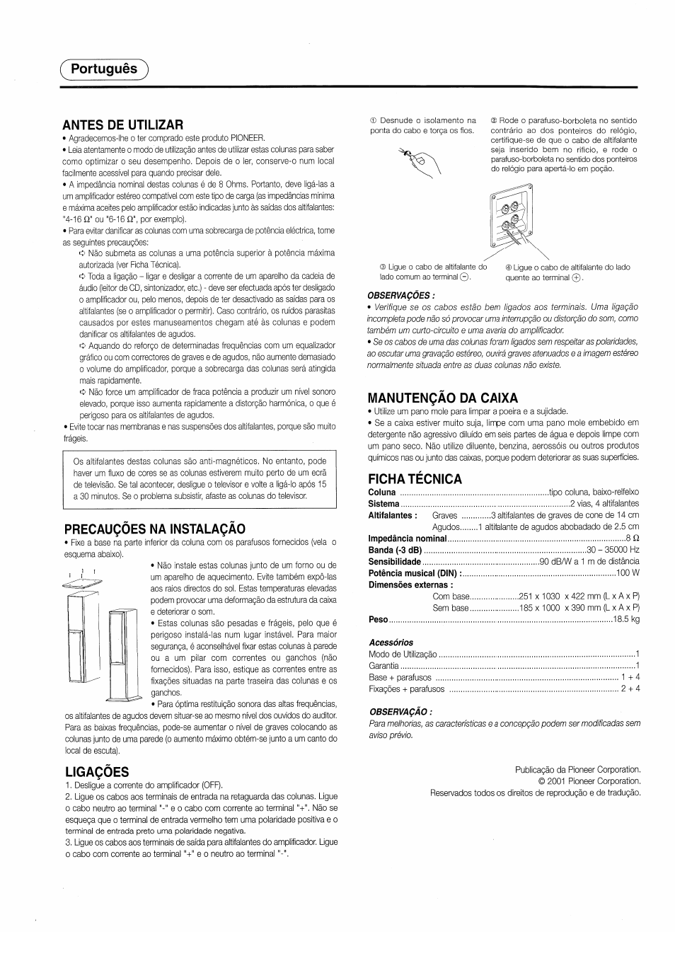 Portugués ) antes de utilizar, Precauçôes na instalaçào, Ligaçôes | Manutençao da caixa, Ficha técnica | Pioneer S-H510V User Manual | Page 7 / 8