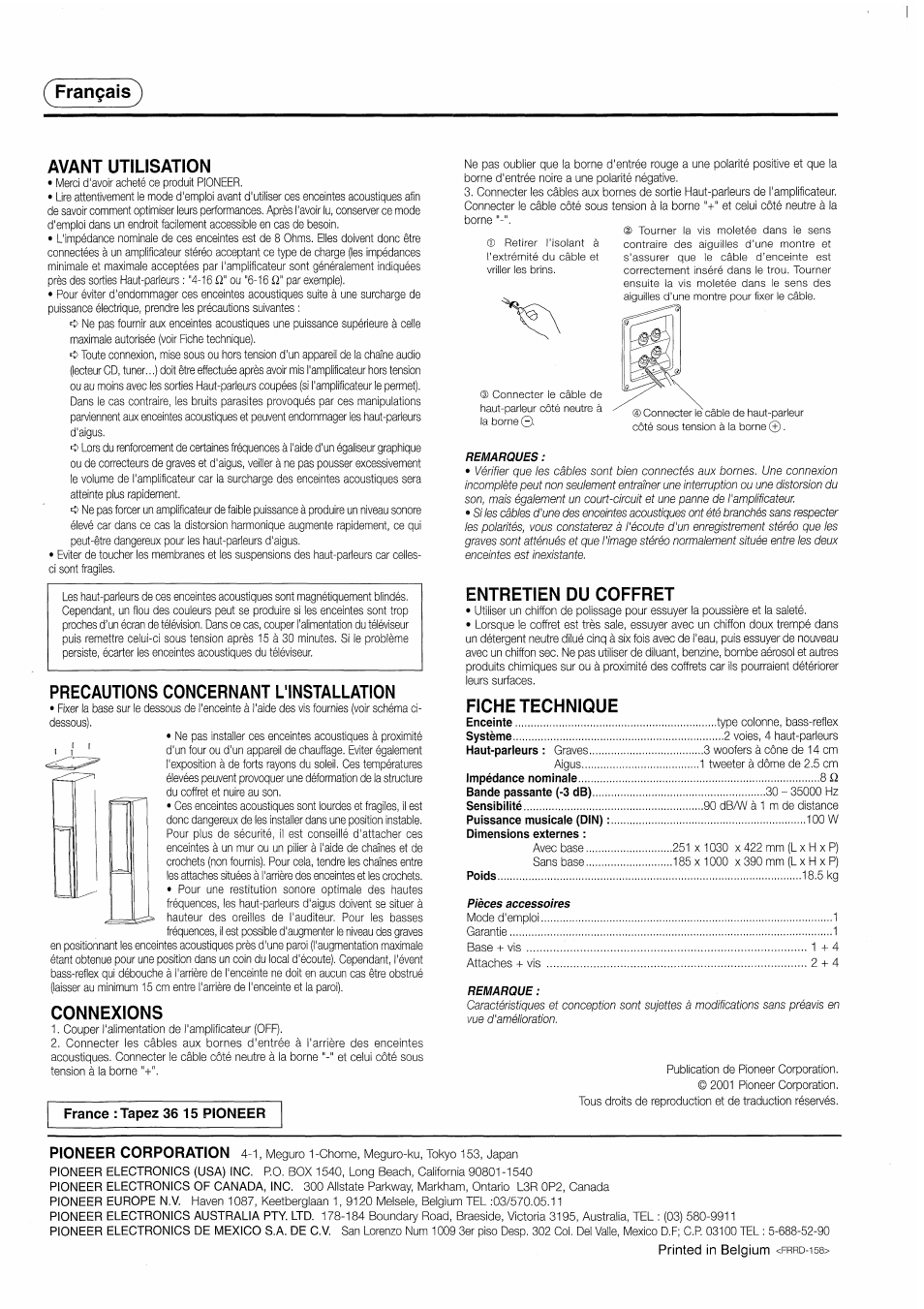 Français^ avant utilisation, Precautions concernant l'installation, Connexions | Entretien du coffret, Fiche technique, Pioneer corporation | Pioneer S-H510V User Manual | Page 8 / 8