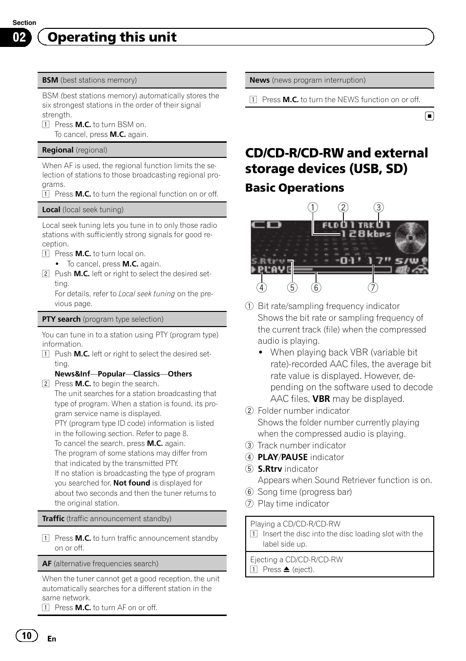 Cd/cd-r/cd-rw and external storage, Devices (usb, sd), 02 operating this unit | Basic operations | Pioneer DEH-8300SD User Manual | Page 10 / 28
