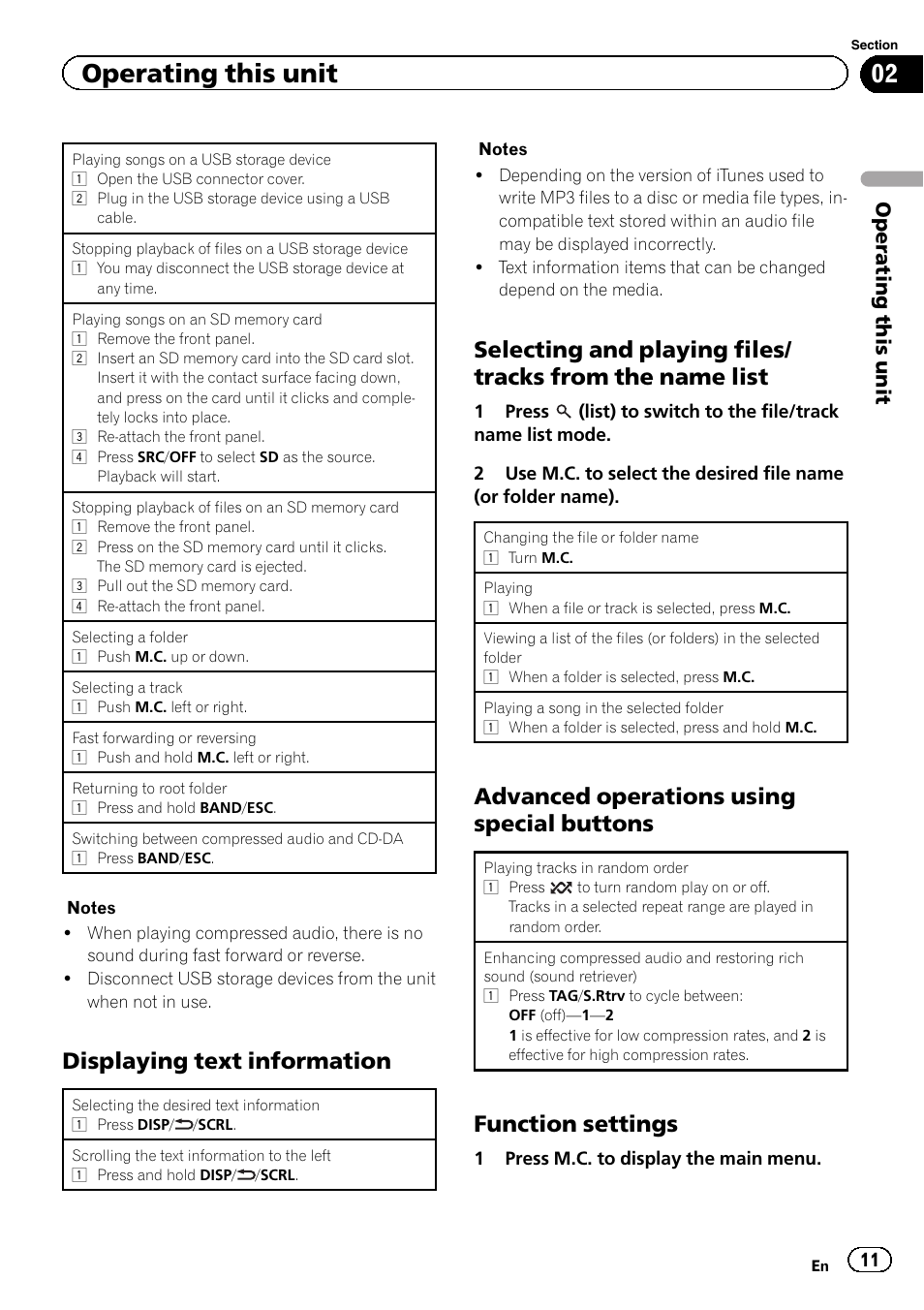 Displaying text information, Advanced operations using special buttons, Function settings | Operating this unit | Pioneer DEH-8300SD User Manual | Page 11 / 28