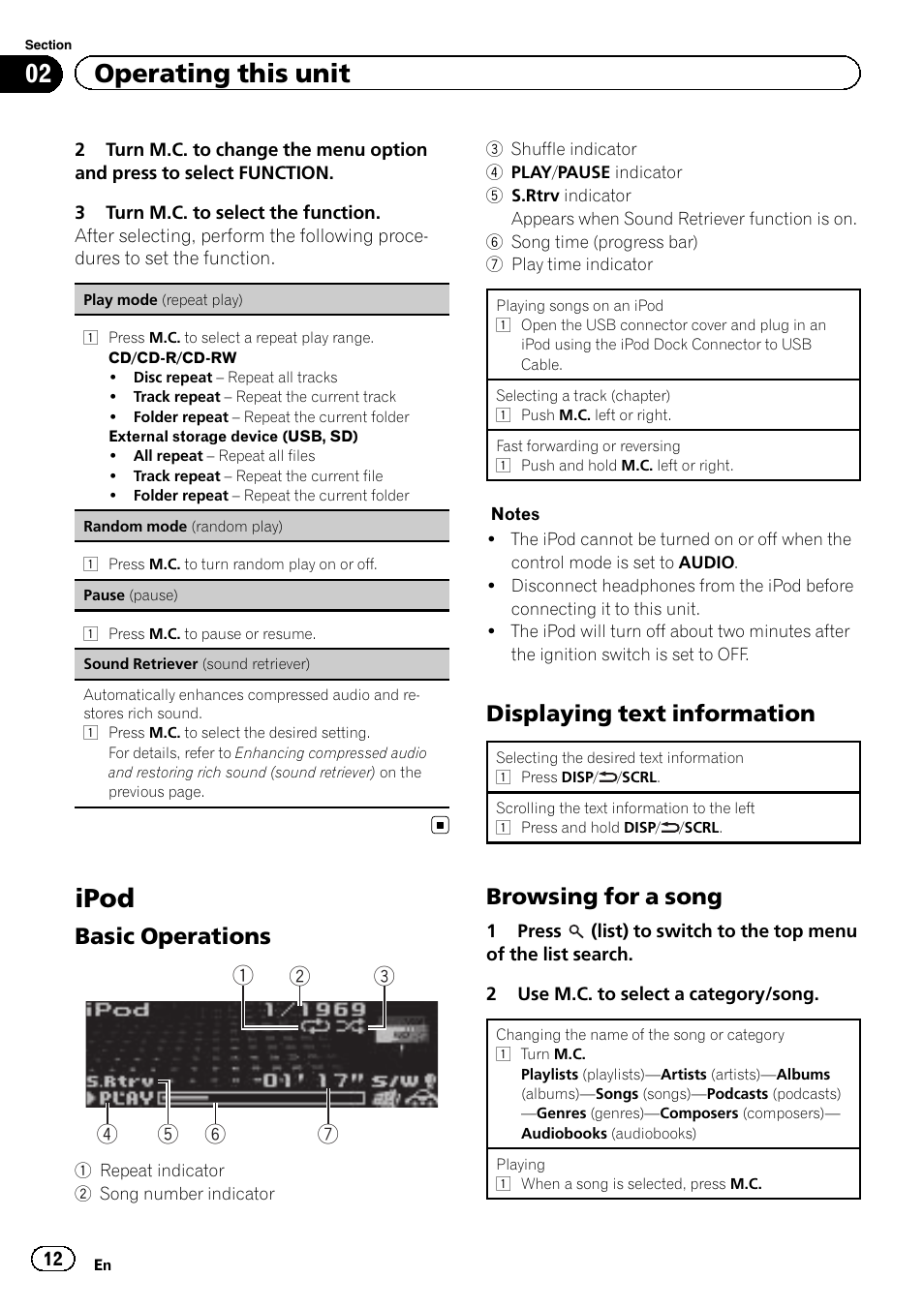 Ipod, 02 operating this unit, Basic operations | Displaying text information, Browsing for a song | Pioneer DEH-8300SD User Manual | Page 12 / 28