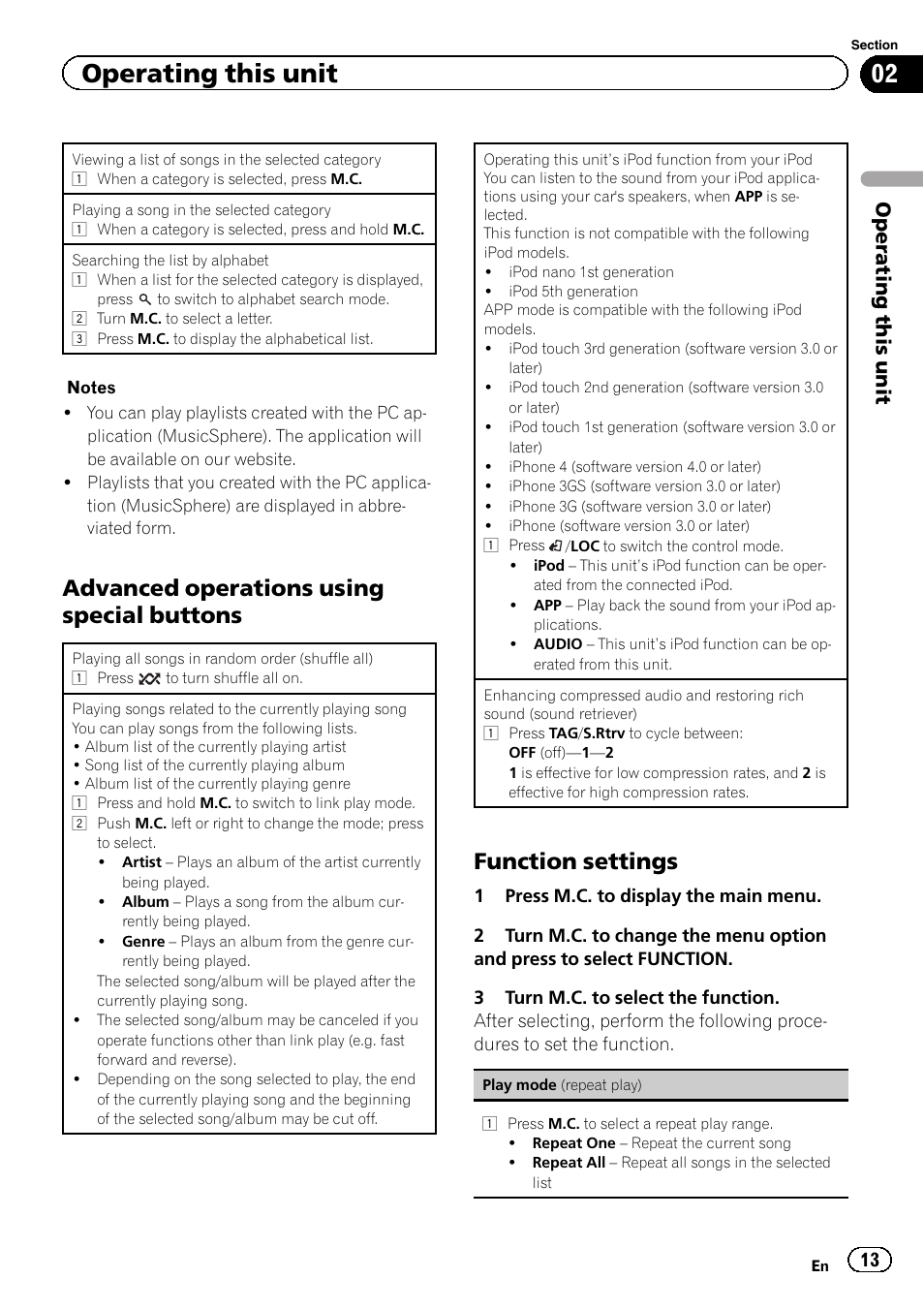 Advanced operations using special buttons, Function settings, Operating this unit | Pioneer DEH-8300SD User Manual | Page 13 / 28