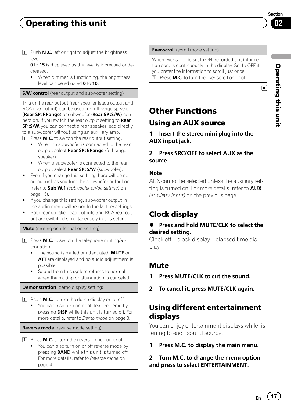 Other functions, Using an aux source, Clock display | Mute, Using different entertainment displays, Operating this unit | Pioneer DEH-8300SD User Manual | Page 17 / 28