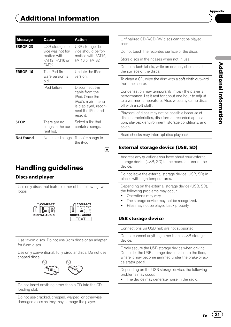 Handling guidelines, Additional information | Pioneer DEH-8300SD User Manual | Page 21 / 28