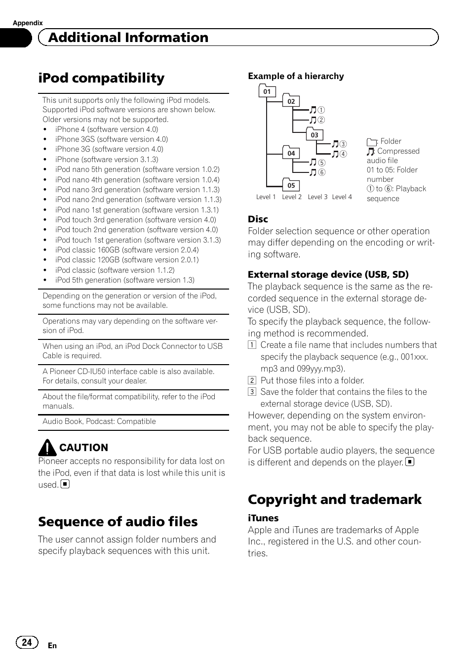 Ipod compatibility, Sequence of audio files, Copyright and trademark | Additional information | Pioneer DEH-8300SD User Manual | Page 24 / 28