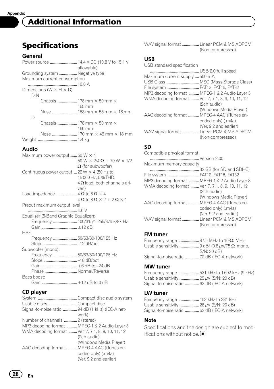 Specifications, Additional information | Pioneer DEH-8300SD User Manual | Page 26 / 28