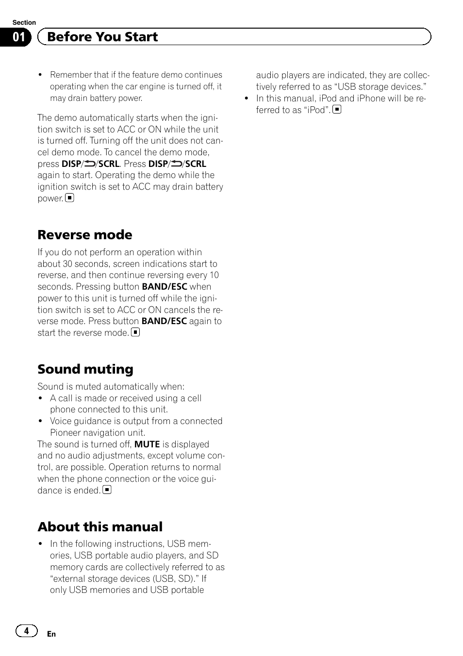 Reverse mode, Sound muting, About this manual | 01 before you start | Pioneer DEH-8300SD User Manual | Page 4 / 28