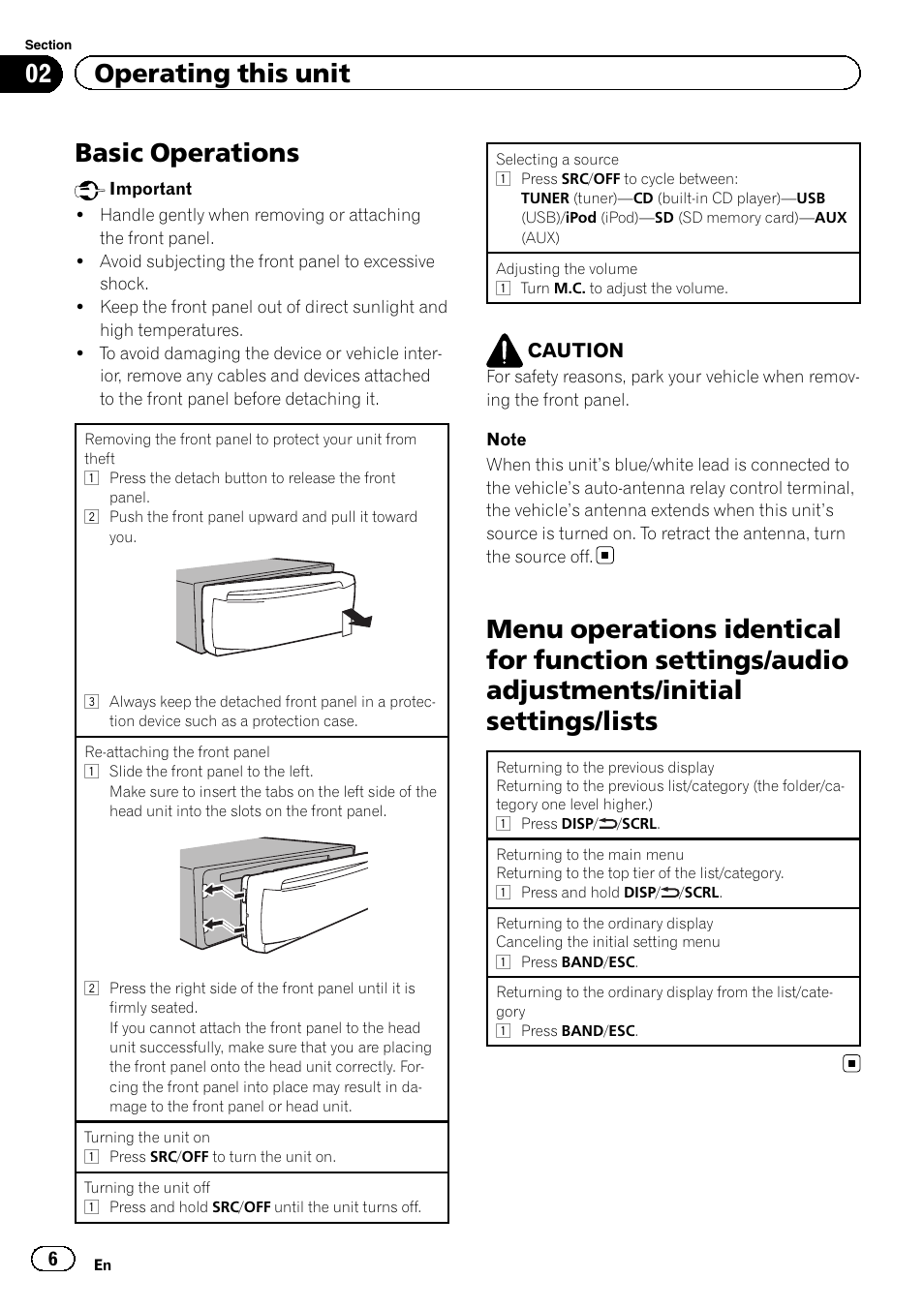 Basic operations, Menu operations identical for function, Settings/audio adjustments/initial settings/ lists | 02 operating this unit | Pioneer DEH-8300SD User Manual | Page 6 / 28
